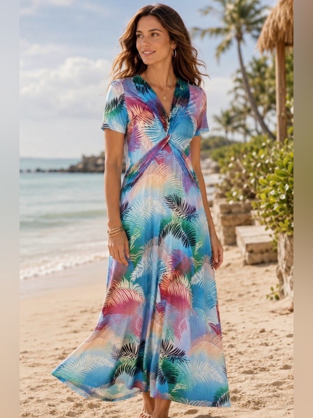 Soft Surroundings Dress Womens Large Blue Anya Ombré Palms Maxi Coastal